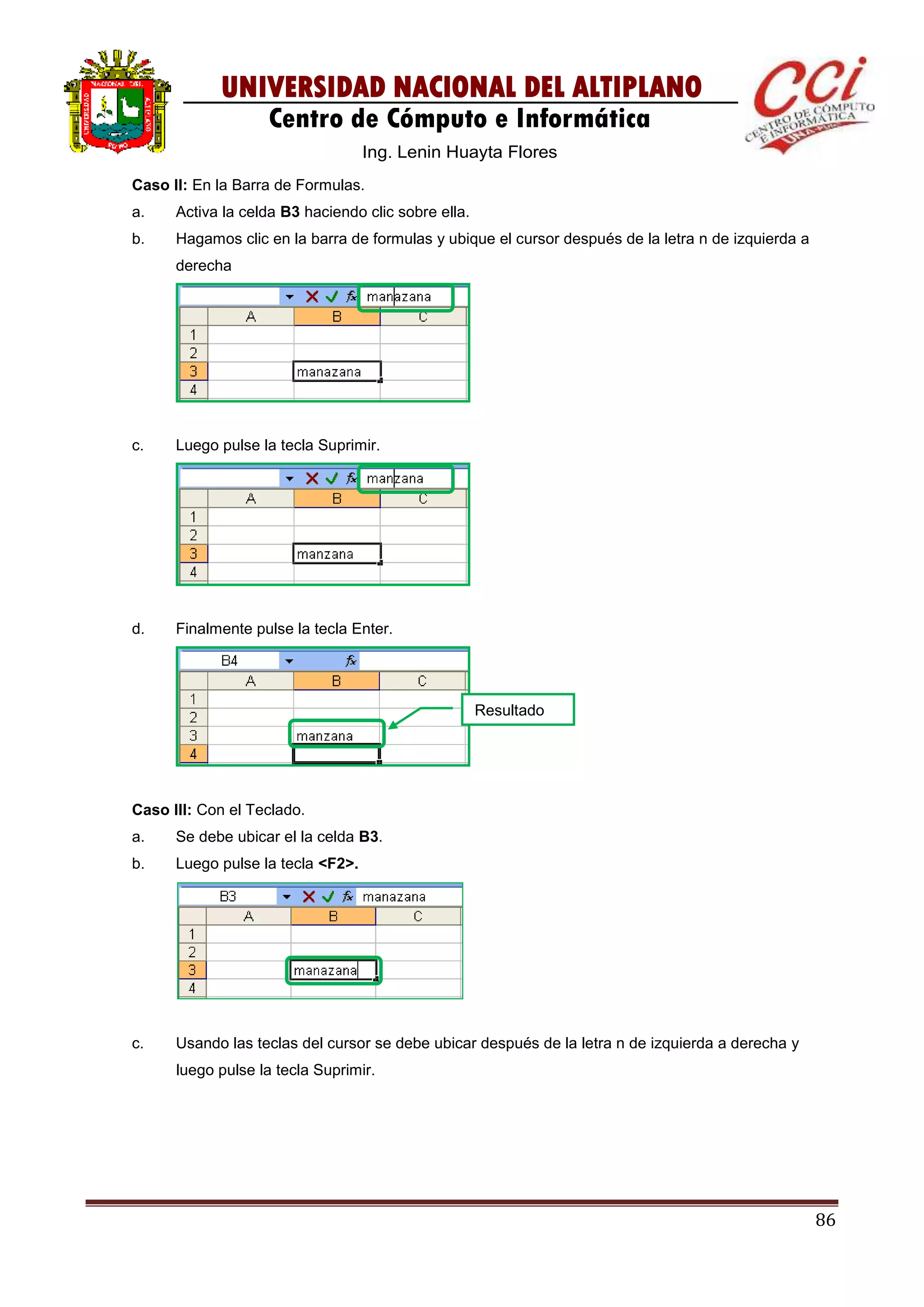 86
UNIVERSIDAD NACIONAL DEL ALTIPLANO
Centro de Cómputo e Informática
Ing. Lenin Huayta Flores
Caso II: En la Barra de Formulas.
a. Activa la celda B3 haciendo clic sobre ella.
b. Hagamos clic en la barra de formulas y ubique el cursor después de la letra n de izquierda a
derecha
c. Luego pulse la tecla Suprimir.
d. Finalmente pulse la tecla Enter.
Caso III: Con el Teclado.
a. Se debe ubicar el la celda B3.
b. Luego pulse la tecla <F2>.
c. Usando las teclas del cursor se debe ubicar después de la letra n de izquierda a derecha y
luego pulse la tecla Suprimir.
Resultado
 