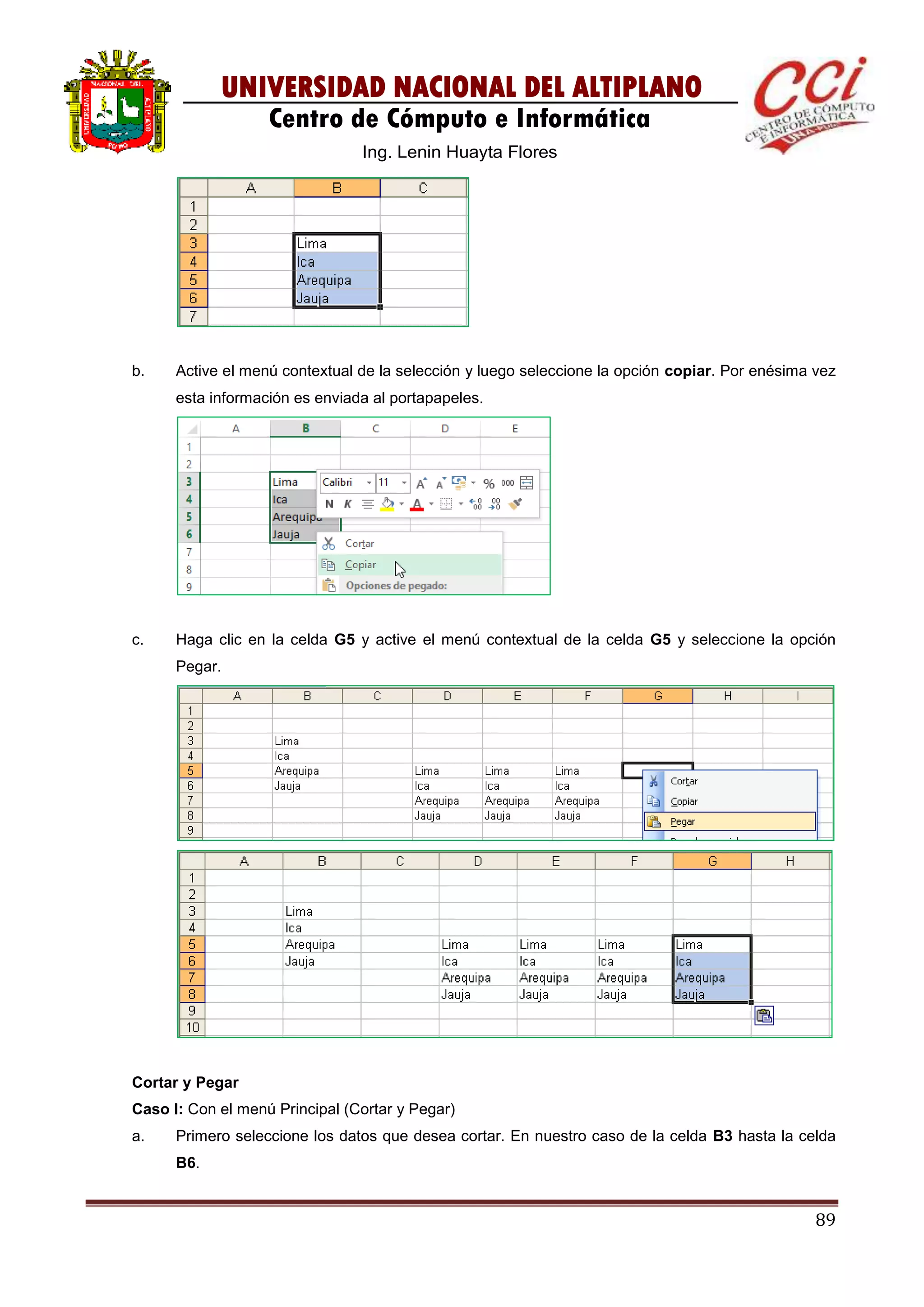 89
UNIVERSIDAD NACIONAL DEL ALTIPLANO
Centro de Cómputo e Informática
Ing. Lenin Huayta Flores
b. Active el menú contextual de la selección y luego seleccione la opción copiar. Por enésima vez
esta información es enviada al portapapeles.
c. Haga clic en la celda G5 y active el menú contextual de la celda G5 y seleccione la opción
Pegar.
Cortar y Pegar
Caso I: Con el menú Principal (Cortar y Pegar)
a. Primero seleccione los datos que desea cortar. En nuestro caso de la celda B3 hasta la celda
B6.
 