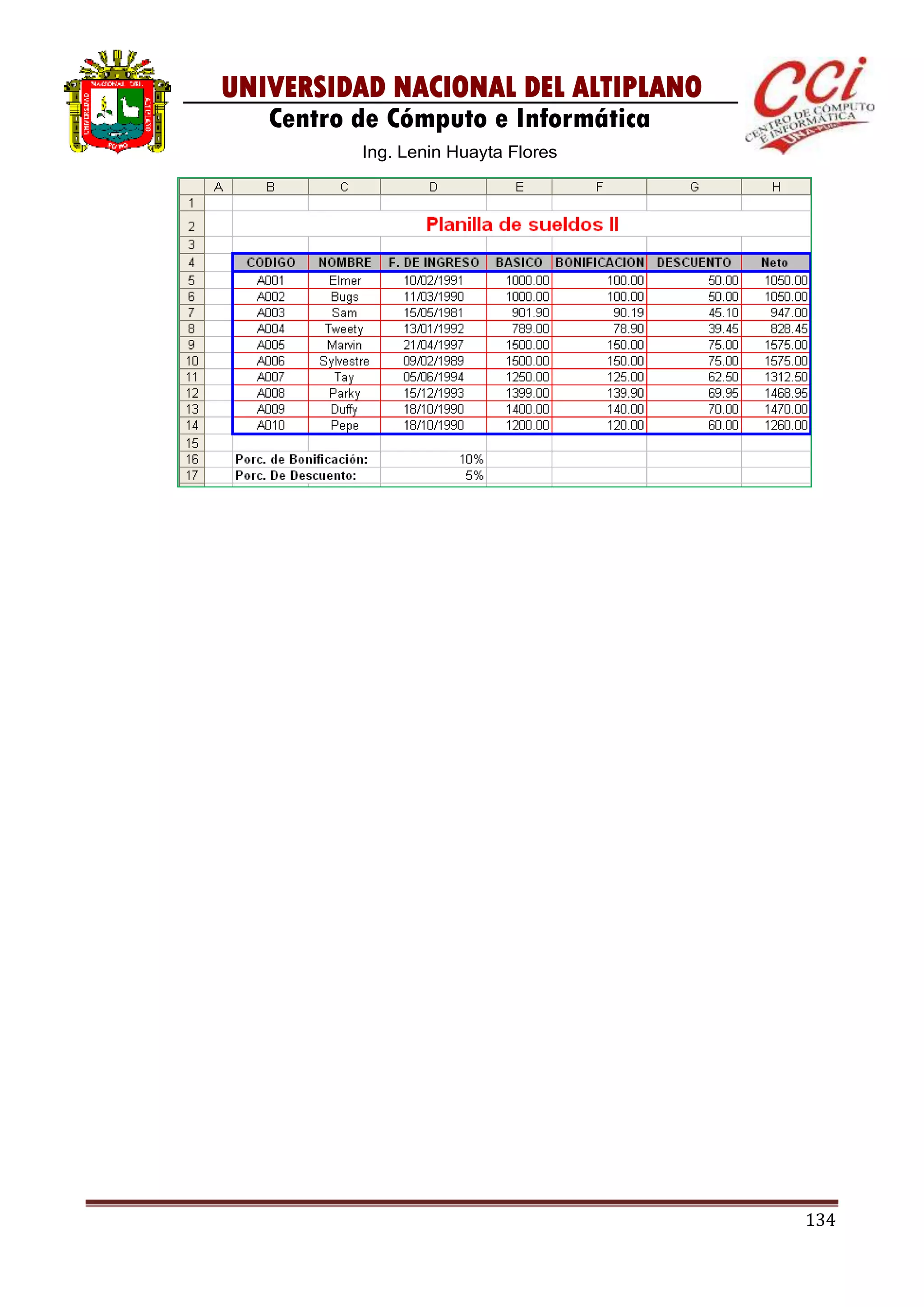 134
UNIVERSIDAD NACIONAL DEL ALTIPLANO
Centro de Cómputo e Informática
Ing. Lenin Huayta Flores
 