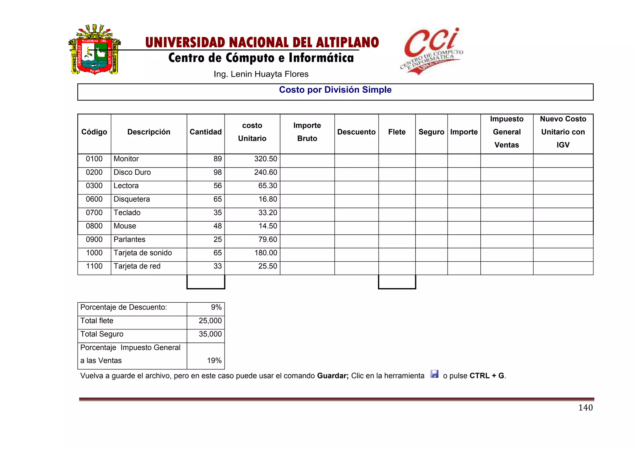 140
UNIVERSIDAD NACIONAL DEL ALTIPLANO
Centro de Cómputo e Informática
Ing. Lenin Huayta Flores
Vuelva a guarde el archivo, pero en este caso puede usar el comando Guardar; Clic en la herramienta o pulse CTRL + G.
Costo por División Simple
Código Descripción Cantidad
costo
Unitario
Importe
Bruto
Descuento Flete Seguro Importe
Impuesto
General
Ventas
Nuevo Costo
Unitario con
IGV
0100 Monitor 89 320.50
0200 Disco Duro 98 240.60
0300 Lectora 56 65.30
0600 Disquetera 65 16.80
0700 Teclado 35 33.20
0800 Mouse 48 14.50
0900 Parlantes 25 79.60
1000 Tarjeta de sonido 65 180.00
1100 Tarjeta de red 33 25.50
Porcentaje de Descuento: 9%
Total flete 25,000
Total Seguro 35,000
Porcentaje Impuesto General
a las Ventas 19%
 