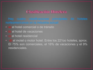 Hay cuatro clasificaciones principales de hoteles
norteamericanos en la industria actual:
• a) el hotel comercial o de tránsito
• b) el hotel de vacaciones
• c) el hotel residencial
• d) el motel o motor hotel. Entre los 221oo hoteles, aprox.
El 75% son comerciales, el 16% de vacaciones y el 9%
residenciales.
 