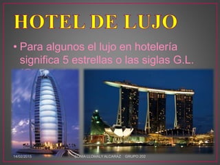 • Para algunos el lujo en hotelería
significa 5 estrellas o las siglas G.L.
(Gran Lujo)
14/02/2015 SONIA LLOMALY ALCARAZ GRUPO 202
 