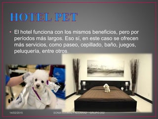 • El hotel funciona con los mismos beneficios, pero por
períodos más largos. Eso sí, en este caso se ofrecen
más servicios, como paseo, cepillado, baño, juegos,
peluquería, entre otros.
14/02/2015 SONIA LLOMALY ALCARAZ GRUPO 202
 