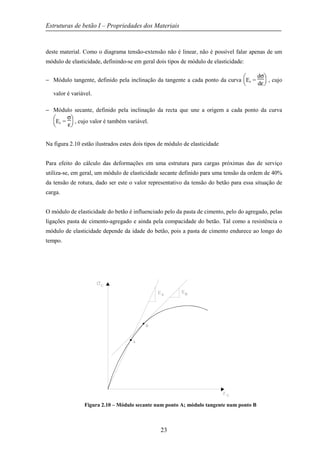 Estruturas de betão I – Propriedades dos Materiais
23
deste material. Como o diagrama tensão-extensão não é linear, não é possível falar apenas de um
módulo de elasticidade, definindo-se em geral dois tipos de módulo de elasticidade:
− Módulo tangente, definido pela inclinação da tangente a cada ponto da curva





Ec =
dσ
dε
, cujo
valor é variável.
− Módulo secante, definido pela inclinação da recta que une a origem a cada ponto da curva





Ec =
σ
ε
, cujo valor é também variável.
Na figura 2.10 estão ilustrados estes dois tipos de módulo de elasticidade
Para efeito do cálculo das deformações em uma estrutura para cargas próximas das de serviço
utiliza-se, em geral, um módulo de elasticidade secante definido para uma tensão da ordem de 40%
da tensão de rotura, dado ser este o valor representativo da tensão do betão para essa situação de
carga.
O módulo de elasticidade do betão é influenciado pelo da pasta de cimento, pelo do agregado, pelas
ligações pasta de cimento-agregado e ainda pela compacidade do betão. Tal como a resistência o
módulo de elasticidade depende da idade do betão, pois a pasta de cimento endurece ao longo do
tempo.
Figura 2.10 – Módulo secante num ponto A; módulo tangente num ponto B
 