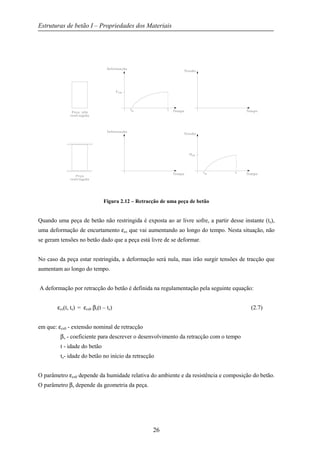 Estruturas de betão I – Propriedades dos Materiais
26
Figura 2.12 – Retracção de uma peça de betão
Quando uma peça de betão não restringida é exposta ao ar livre sofre, a partir desse instante (ts),
uma deformação de encurtamento εcs que vai aumentando ao longo do tempo. Nesta situação, não
se geram tensões no betão dado que a peça está livre de se deformar.
No caso da peça estar restringida, a deformação será nula, mas irão surgir tensões de tracção que
aumentam ao longo do tempo.
A deformação por retracção do betão é definida na regulamentação pela seguinte equação:
εcs(t, ts) = εcs0 βs(t – ts) (2.7)
em que: εcs0 - extensão nominal de retracção
βs - coeficiente para descrever o desenvolvimento da retracção com o tempo
t - idade do betão
ts- idade do betão no início da retracção
O parâmetro εcs0 depende da humidade relativa do ambiente e da resistência e composição do betão.
O parâmetro βs depende da geometria da peça.
 