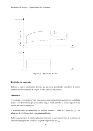 Estruturas de betão I – Propriedades dos Materiais
30
Figura 2.13 – Deformações do betão
2.3. Dados para projecto
Definem-se aqui as características do betão que devem ser consideradas para efeitos da análise
estrutural e dimensionamento de secções de betão armado e pré-esforçado.
- Resistência
A resistência à compressão do betão é expressa em termos da resistência característica fck definida
como o valor da resistência que apenas não é atingido em 5% de todos os resultados possíveis de
ensaios para o betão especificado.
A resistência deve ser determinada em provetes moldados – cubos de 150mm (fck,cubo) ou
cilíndricos de 150/300mm (fck) – com a idade de 28 dias.
Refere-se que as regras de cálculo se baseiam unicamente no valor característico da resistência aos
28 dias referido a provetes cilíndricos, designado simplesmente por fck.
 