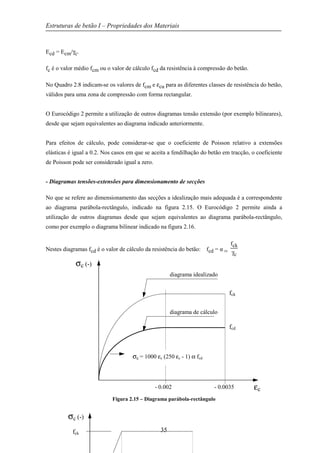 Estruturas de betão I – Propriedades dos Materiais
35
Ecd = Ecm/γc.
fc é o valor médio fcm ou o valor de cálculo fcd da resistência à compressão do betão.
No Quadro 2.8 indicam-se os valores de fcm e εcu para as diferentes classes de resistência do betão,
válidos para uma zona de compressão com forma rectangular.
O Eurocódigo 2 permite a utilização de outros diagramas tensão extensão (por exemplo bilineares),
desde que sejam equivalentes ao diagrama indicado anteriormente.
Para efeitos de cálculo, pode considerar-se que o coeficiente de Poisson relativo a extensões
elásticas é igual a 0.2. Nos casos em que se aceita a fendilhação do betão em tracção, o coeficiente
de Poisson pode ser considerado igual a zero.
- Diagramas tensões-extensões para dimensionamento de secções
No que se refere ao dimensionamento das secções a idealização mais adequada é a correspondente
ao diagrama parábola-rectângulo, indicado na figura 2.15. O Eurocódigo 2 permite ainda a
utilização de outros diagramas desde que sejam equivalentes ao diagrama parábola-rectângulo,
como por exemplo o diagrama bilinear indicado na figura 2.16.
Nestes diagramas fcd é o valor de cálculo da resistência do betão: fcd = α cc
fck
γc
Figura 2.15 – Diagrama parábola-rectângulo
σc (-)
εc
fck
fcd
- 0.002 - 0.0035
σc = 1000 εc (250 εc - 1) α fcd
diagrama idealizado
diagrama de cálculo
σc (-)
fck
 