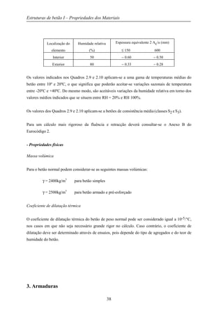 Estruturas de betão I – Propriedades dos Materiais
38
Localização do
elemento
Humidade relativa
(%)
Espessura equivalente 2 Ac/u (mm)
≤ 150 600
Interior 50 − 0.60 − 0.50
Exterior 80 − 0.33 − 0.28
Os valores indicados nos Quadros 2.9 e 2.10 aplicam-se a uma gama de temperaturas médias do
betão entre 10º e 20ºC, o que significa que poderão aceitar-se variações sazonais de temperatura
entre -20ºC e +40ºC. Do mesmo modo, são aceitáveis variações da humidade relativa em torno dos
valores médios indicados que se situem entre RH = 20% e RH 100%.
Os valores dos Quadros 2.9 e 2.10 aplicam-se a betões de consistência média (classes S2 e S3).
Para um cálculo mais rigoroso da fluência e retracção deverá consultar-se o Anexo B do
Eurocódigo 2.
- Propriedades físicas
Massa volúmica
Para o betão normal podem considerar-se as seguintes massas volúmicas:
γ = 2400kg/m3
para betão simples
γ = 2500kg/m3
para betão armado e pré-esforçado
Coeficiente de dilatação térmica
O coeficiente de dilatação térmica do betão de peso normal pode ser considerado igual a 10-5/°C,
nos casos em que não seja necessário grande rigor no cálculo. Caso contrário, o coeficiente de
dilatação deve ser determinado através de ensaios, pois depende do tipo de agregados e do teor de
humidade do betão.
3. Armaduras
 