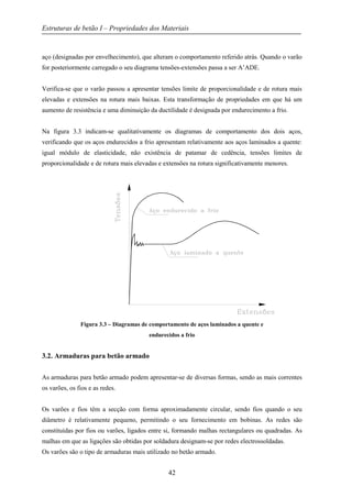 Estruturas de betão I – Propriedades dos Materiais
42
aço (designadas por envelhecimento), que alteram o comportamento referido atrás. Quando o varão
for posteriormente carregado o seu diagrama tensões-extensões passa a ser A’ADE.
Verifica-se que o varão passou a apresentar tensões limite de proporcionalidade e de rotura mais
elevadas e extensões na rotura mais baixas. Esta transformação de propriedades em que há um
aumento de resistência e uma diminuição da ductilidade é designada por endurecimento a frio.
Na figura 3.3 indicam-se qualitativamente os diagramas de comportamento dos dois aços,
verificando que os aços endurecidos a frio apresentam relativamente aos aços laminados a quente:
igual módulo de elasticidade, não existência de patamar de cedência, tensões limites de
proporcionalidade e de rotura mais elevadas e extensões na rotura significativamente menores.
Figura 3.3 – Diagramas de comportamento de aços laminados a quente e
endurecidos a frio
3.2. Armaduras para betão armado
As armaduras para betão armado podem apresentar-se de diversas formas, sendo as mais correntes
os varões, os fios e as redes.
Os varões e fios têm a secção com forma aproximadamente circular, sendo fios quando o seu
diâmetro é relativamente pequeno, permitindo o seu fornecimento em bobinas. As redes são
constituídas por fios ou varões, ligados entre si, formando malhas rectangulares ou quadradas. As
malhas em que as ligações são obtidas por soldadura designam-se por redes electrossoldadas.
Os varões são o tipo de armaduras mais utilizado no betão armado.
 