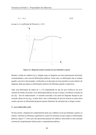 Estruturas de betão I – Propriedades dos Materiais
46
εν = − νs ε (3.2)
em que νs é o coeficiente de Poisson (νs ≈ 0.3)
Figura 3.6 –Diagrama tensões-extensões de aços laminados a quente
Quando a tensão de cedência (fy) é atingida surge no diagrama um troço praticamente horizontal,
correspondendo a uma zona de deformações plásticas. Nesta zona, as deformações não se anulam
quando o provete é descarregado, verificando-se na descarga um troço paralelo ao ramo elástico do
diagrama, dado que apenas as deformações elásticas são libertadas quando a carga baixa.
Após uma deformação da ordem de 1 a 3% (dependendo do tipo de aço) verifica-se um novo
aumento de tensão associada a nova deformação plástica até que se atinja a resistência à tracção do
aço (ft) – fase de endurecimento. A extensão associada a este ponto do diagrama designa-se por
extensão última do aço (εu). A partir deste valor a deformação do provete localiza-se numa única
secção cuja área vai diminuindo progressivamente (fenómeno de estricção) até se atingir a rotura.
b) Aços endurecidos a frio
Na fase inicial, o diagrama de comportamento deste aço é idêntico ao do aço laminado a quente, no
entanto, verificam-se diferenças significativas a partir do momento em que surgem as deformações
plásticas, figura 3.7. Estes aços não apresentam patamar de cedência, observando-se uma transição
contínua do comportamento elástico para o comportamento plástico.
 