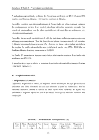 Estruturas de betão I – Propriedades dos Materiais
56
A qualidade dos aços utilizados no fabrico dos fios varia de acordo com a pr EN10138, entre 1570
para fios com 10mm de diâmetro e 1860 para fios com 3mm de diâmetro.
Os cordões consistem num determinado número de fios enrolados em hélice. A grande vantagem
dos cordões consiste no facto de ser possível pré-esforçar vários fios numa única operação. Este
objectivo é maximizado no caso dos cabos constituídos por vários cordões, por poderem ser pré-
esforçados simultaneamente.
Os cordões são, em geral, constituídos por 2 a 19 fios individuais, embora os mais correntemente
utilizados sejam os cordões de 7 fios. São fornecidos em bobinas com pesos entre 1.5 e 8 toneladas.
O diâmetro interno das bobinas varia entre 0.7 e 1.2 metros por forma a não prejudicar a resistência
dos cordões. Os cordões são produzidos com resistências à tracção entre 1770 e 2060 MPa em
função do diâmetro, de acordo com a norma pr EN10138.
No Quadro 3.3 apresentam-se algumas características principais das armaduras de pré-esforço de
acordo com a pr EN10138.
A normalização portuguesa relativa às armaduras de pré-esforço é constituída pelas especificações
LNEC E452, E453 e E459.
3.3.2. Propriedades mecânicas
− Diagrama tensões-extensões
Dependendo do processo de fabrico, os diagramas tensões-deformações dos aços pré-esforçados
apresentam uma forma semelhante aos dos aços laminados a quente ou endurecidos a frio das
armaduras ordinárias, embora as tensões de rotura sejam muito superiores. Na figura 3.12
apresentam-se diagramas típicos dos aços de pré-esforço e dos aços de armaduras ordinárias para
comparação.
Quadro 3.3 – Características dos aços de pré-esforço [33]
Arma-
dura
Diâme
-tro
Resistência
à tracção
fpk
Área
Ap
Massa Carga de
rotura
Ap.fpk
Carga limite de
proporciona-
lidade a 0.1%
Alongamento
mínimo à
carga máxima
 