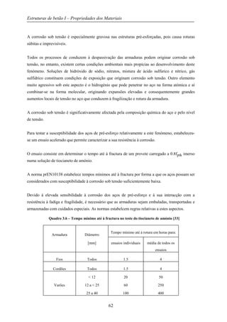Estruturas de betão I – Propriedades dos Materiais
62
A corrosão sob tensão é especialmente gravosa nas estruturas pré-esforçadas, pois causa roturas
súbitas e imprevisíveis.
Todos os processos de conduzem à despassivação das armaduras podem originar corrosão sob
tensão, no entanto, existem certas condições ambientais mais propícias ao desenvolvimento deste
fenómeno. Soluções de hidróxido de sódio, nitratos, mistura de ácido sulfúrico e nítrico, gás
sulfídrico constituem condições de exposição que originam corrosão sob tensão. Outro elemento
muito agressivo sob este aspecto é o hidrogénio que pode penetrar no aço na forma atómica e aí
combinar-se na forma molecular, originando expansões elevadas e consequentemente grandes
aumentos locais de tensão no aço que conduzem à fragilização e rotura da armadura.
A corrosão sob tensão é significativamente afectada pela composição química do aço e pelo nível
de tensão.
Para testar a susceptibilidade dos aços de pré-esforço relativamente a este fenómeno, estabeleceu-
se um ensaio acelerado que permite caracterizar a sua resistência à corrosão.
O ensaio consiste em determinar o tempo até à fractura de um provete carregado a 0.8fptk imerso
numa solução de tiocianeto de amónio.
A norma prEN10138 estabelece tempos mínimos até à fractura por forma a que os aços possam ser
considerados com susceptibilidade à corrosão sob tensão suficientemente baixa.
Devido à elevada sensibilidade à corrosão dos aços de pré-esforço e à sua interacção com a
resistência à fadiga e fragilidade, é necessário que as armaduras sejam embaladas, transportadas e
armazenadas com cuidados especiais. As normas estabelcem regras relativas a estes aspectos.
Quadro 3.6 – Tempo mínimo até à fractura no teste do tiocianeto de amónio [33]
Armadura Diâmetro
Tempo mínimo até à rotura em horas para:
[mm] ensaios individuais média de todos os
ensaios
Fios Todos 1.5 4
Cordões Todos 1.5 4
Varões
< 12
12 a < 25
25 a 40
20
60
100
50
250
400
 