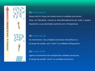 (C) Estado gasoso 
Quase não há forças de coesão entre as unidades estruturais. 
Estas, em liberdade, movem-se desordenadamente por todo o espaço 
disponível; a sua velocidade aumenta com a Temperatura. 
(B) Estado líquido 
Os movimentos das unidades estruturais intensificam-se. 
As forças de coesão que “unem” as unidades enfraquecem. 
(A) Estado sólido 
Ligeiros movimentos de oscilação das unidades estruturais. 
As forças de coesão “unem” as unidades estruturais. 
 