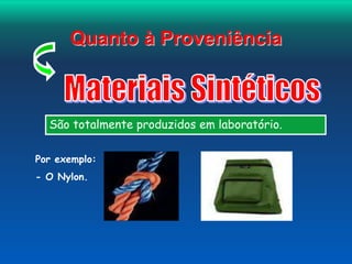 Quanto à Proveniência 
São totalmente produzidos em laboratório. 
Por exemplo: 
- O Nylon. 
 