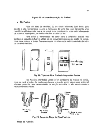 43
Figura 27 – Curva de Atuação do Fusível
• Elo Fusível
Pode ser feito de chumbo, ou de cobre recoberto com zinco, pois
devido a alta temperatura ocorre a formação de uma liga que apresenta uma
resistência elétrica maior que a do metal puro, ocasionando uma maior dissipação
de potência neste ponto, de modo a facilitar a fusão do elo.
Para evitar a transmissão de calor para o ambiente através dos
contatos e soquete do fusível, utiliza-se elo fusível com redução de seção no centro,
onde deve ocorrer a fusão. Conseguindo-se com isto uma melhor precisão do valor
da corrente de fusão.
Fig. 28: Tipos de Elos Fusíveis Segundo a Forma
Nos fusíveis retardados utiliza-se um acréscimo de massa no centro,
onde se dará a fusão, de modo que durante um certo tempo esta massa adicional
absorve parte do calor desenvolvido na secção reduzida do elo, ocasionando o
retardamento da fusão.
Fig. 29: Segundo Tipos de Elos Fusíveis
Tipos de Fusíveis
 