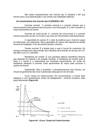 52
São dados imprescindíveis dos fusíveis tipo D (Diazed) e NH que
servem para a sua especificação e uso correto nas instalações elétricas.
As características dos fusíveis tipo D (DIAZED) e NH
Corrente nominal: A corrente nominal é a corrente máxima que o
fusível suporta continuamente sem provocar a sua interrupção. É o valor marcado no
corpo de porcelana do fusível.
Corrente de curto-circuito: A corrente de curto-circuito é a corrente
máxima que pode circular no circuito e que deve ser interrompida instantaneamente.
A capacidade de ruptura: É o valor da potência que o fusível é capaz
de interromper com segurança. Essa capacidade de ruptura não depende da tensão
nominal da instalação, e sim do produto tensão x corrente.
Tensão nominal: É a tensão para a qual o fusível foi construído. Os
fusíveis nominais para baixa tensão são indicados para tensões de serviço em C.A.
até 500V e em C.C. até 600V.
Resistência de contato. É uma grandeza elétrica (resistência ôhmica)
que depende do material e da pressão exercida. A resistência de contato entre a
base e o fusível é a responsável por eventuais aquecimentos, em razão da
resistência oferecida à corrente. Esse aquecimento às vezes pode provocar a
queima do fusível.
Substituição: Não é permitido o recondicionamento dos fusíveis, em
virtude de geralmente não haver substituição adequada do elo de fusão.
Curva, tempo de fusão-corrente: Em funcionamento, o fusível deve
obedecer a uma característica, tempo de desligamento - corrente circulante, dada
pelos fabricantes (Figura 44)
Figura 44 – Curva, Tempo de Fusão-Corrente
 