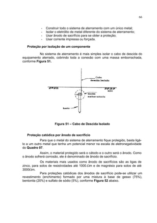 66
- Construir todo o sistema de aterramento com um único metal;
- Isolar o eletrólito de metal diferente do sistema de aterramento;
- Usar ânodo de sacrifício para se obter a proteção;
- Usar corrente impressa ou forçada.
Proteção por isolação de um componente
No sistema de aterramento é mais simples isolar o cabo de descida do
equipamento aterrado, cobrindo toda a conexão com uma massa emborrachada,
conforme Figura 51.
Figura 51 – Cabo de Descida Isolado
Proteção catódica por ânodo de sacrifício
Para que o metal do sistema de aterramento fique protegido, basta ligá-
lo a um outro metal que tenha um potencial menor na escala de eletronegatividade
do Quadro 07.
Assim, o material protegido será o cátodo e o outro será o ânodo. Como
o ânodo sofrerá corrosão, ele é denominado de ânodo de sacrifício.
Os materiais mais usados como ânodo de sacrifícios são as ligas de
zinco, para solos de resistividades até 1000.Ωm e de magnésio para solos de até
3000Ωm.
Para proteções catódicas dos ânodos de sacrifício pode-se utilizar um
revestimento (enchimento) formado por uma mistura à base de gesso (75%),
bentonita (20%) e sulfato de sódio (5%), conforme Figura 52 abaixo.
 