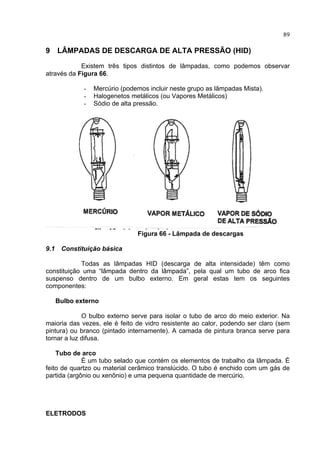89
9 LÂMPADAS DE DESCARGA DE ALTA PRESSÃO (HID)
Existem três tipos distintos de lâmpadas, como podemos observar
através da Figura 66.
- Mercúrio (podemos incluir neste grupo as lâmpadas Mista).
- Halogenetos metálicos (ou Vapores Metálicos)
- Sódio de alta pressão.
Figura 66 - Lâmpada de descargas
9.1 Constituição básica
Todas as lâmpadas HID (descarga de alta intensidade) têm como
constituição uma “lâmpada dentro da lâmpada”, pela qual um tubo de arco fica
suspenso dentro de um bulbo externo. Em geral estas tem os seguintes
componentes:
Bulbo externo
O bulbo externo serve para isolar o tubo de arco do meio exterior. Na
maioria das vezes, ele é feito de vidro resistente ao calor, podendo ser claro (sem
pintura) ou branco (pintado internamente). A camada de pintura branca serve para
tornar a luz difusa.
Tubo de arco
É um tubo selado que contém os elementos de trabalho da lâmpada. É
feito de quartzo ou material cerâmico translúcido. O tubo é enchido com um gás de
partida (argônio ou xenônio) e uma pequena quantidade de mercúrio.
ELETRODOS
 