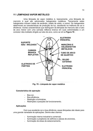 94
11 LÂMPADAS VAPOR METÁLICO
Uma lâmpada de vapor metálico é, basicamente, uma lâmpada de
mercúrio à qual são adicionados halogenetos metálicos. Tipicamente estes
halogenetos incluem iodeto de escândio, iodeto de sódio, e outros. Os halogenetos
determinam as características de produção da luz, resultando na melhoria de cor e
eficiência. Outras características que distinguem da lâmpada de mercúrio são o tubo
de arco menor com uma camada reflexiva branca em suas extremidades e um
condutor não-moldado dirigido ao tubo de arco, como se vê na Figura 70 .
Fig. 70 - Lâmpada de vapor metálico
Característica de operação
- Boa cor,
- Boa eficiência,
- Restrição a luminárias,
- Restrições a posições de funcionamento.
Aplicações
Com sua excelente cor e boa eficiência, essas lâmpadas são ideais para
uma grande variedade de aplicações. Dentre eles citamos:
- Iluminação interna industrial e comercial,
- Iluminação e projetores de edifícios e placas de anúncios,
- Iluminação de áreas de estacionamento,
 