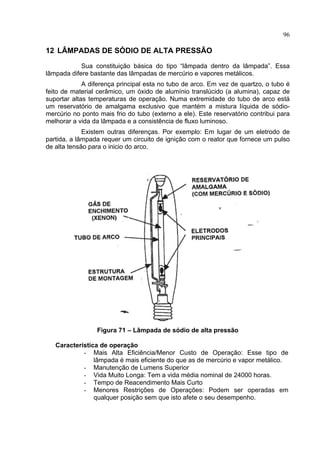 96
12 LÂMPADAS DE SÓDIO DE ALTA PRESSÃO
Sua constituição básica do tipo “lâmpada dentro da lâmpada”. Essa
lâmpada difere bastante das lâmpadas de mercúrio e vapores metálicos.
A diferença principal esta no tubo de arco. Em vez de quartzo, o tubo é
feito de material cerâmico, um óxido de alumínio translúcido (a alumina), capaz de
suportar altas temperaturas de operação. Numa extremidade do tubo de arco está
um reservatório de amalgama exclusivo que mantém a mistura líquida de sódio-
mercúrio no ponto mais frio do tubo (externo a ele). Este reservatório contribui para
melhorar a vida da lâmpada e a consistência de fluxo luminoso.
Existem outras diferenças. Por exemplo: Em lugar de um eletrodo de
partida, a lâmpada requer um circuito de ignição com o reator que fornece um pulso
de alta tensão para o inicio do arco.
Figura 71 – Lâmpada de sódio de alta pressão
Característica de operação
- Mais Alta Eficiência/Menor Custo de Operação: Esse tipo de
lâmpada é mais eficiente do que as de mercúrio e vapor metálico.
- Manutenção de Lumens Superior
- Vida Muito Longa: Tem a vida média nominal de 24000 horas.
- Tempo de Reacendimento Mais Curto
- Menores Restrições de Operações: Podem ser operadas em
qualquer posição sem que isto afete o seu desempenho.
 