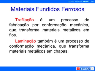 Materiais Fundidos Ferrosos Trefilação  é um processo de fabricação por conformação mecânica, que transforma materiais metálicos em fios. Laminação  também é um processo de conformação mecânica, que transforma materiais metálicos em chapas.  