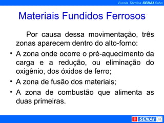 Materiais Fundidos Ferrosos Por causa dessa movimentação, três zonas aparecem dentro do alto-forno: A zona onde ocorre o pré-aquecimento da carga e a redução, ou eliminação do oxigênio, dos óxidos de ferro; A zona de fusão dos materiais; A zona de combustão que alimenta as duas primeiras. 