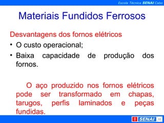 Materiais Fundidos Ferrosos Desvantagens dos fornos elétricos O custo operacional; Baixa capacidade de produção dos fornos. O aço produzido nos fornos elétricos pode ser transformado em chapas, tarugos, perfis laminados e peças fundidas. 