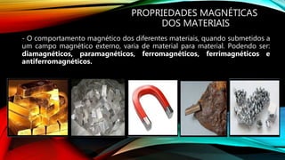 PROPRIEDADES MAGNÉTICAS
DOS MATERIAIS
- O comportamento magnético dos diferentes materiais, quando submetidos a
um campo magnético externo, varia de material para material. Podendo ser:
diamagnéticos, paramagnéticos, ferromagnéticos, ferrimagnéticos e
antiferromagnéticos.
 