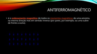 ANTIFERROMAGNÉTICO
• é o ordenamento magnético de todos os momentos magnéticos de uma amostra,
na mesma direção mas em sentido inverso (por pares, por exemplo, ou uma subre
de frente a outra).
 