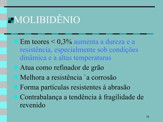 MOLIBIDÊNIO Em teores < 0,3%  aumenta a dureza e a resistência, especialmente sob condições dinâmica e a altas temperaturas Atua como refinador de grão Melhora a resistência `a corrosão Forma partículas resistentes à abrasão Contrabalança a tendência à fragilidade de revenido 