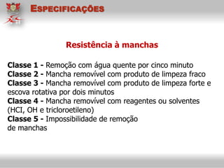 Classe 1 - Remoção com água quente por cinco minuto
Classe 2 - Mancha removível com produto de limpeza fraco
Classe 3 - Mancha removível com produto de limpeza forte e
escova rotativa por dois minutos
Classe 4 - Mancha removível com reagentes ou solventes
(HCI, OH e tricloroetileno)
Classe 5 - Impossibilidade de remoção
de manchas
Resistência à manchas
ESPECIFICAÇÕES
 