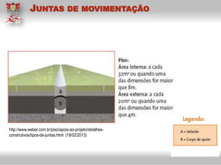 http://www.weber.com.br/piso/apoio-ao-projeto/detalhes-
construtivos/tipos-de-juntas.html (19/02/2013)
JUNTAS DE MOVIMENTAÇÃO
 
