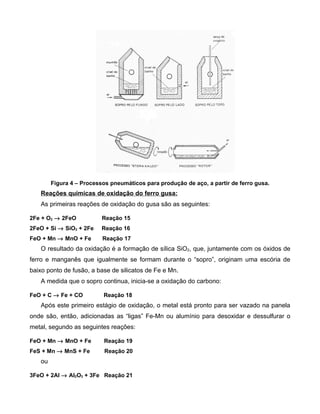Figura 4 – Processos pneumáticos para produção de aço, a partir de ferro gusa.
   Reações químicas de oxidação do ferro gusa:
   As primeiras reações de oxidação do gusa são as seguintes:

2Fe + O2 → 2FeO           Reação 15
2FeO + Si → SiO2 + 2Fe    Reação 16
FeO + Mn → MnO + Fe       Reação 17
   O resultado da oxidação é a formação de sílica SiO2, que, juntamente com os óxidos de
ferro e manganês que igualmente se formam durante o “sopro”, originam uma escória de
baixo ponto de fusão, a base de silicatos de Fe e Mn.
   A medida que o sopro continua, inicia-se a oxidação do carbono:

FeO + C → Fe + CO         Reação 18
   Após este primeiro estágio de oxidação, o metal está pronto para ser vazado na panela
onde são, então, adicionadas as “ligas” Fe-Mn ou alumínio para desoxidar e dessulfurar o
metal, segundo as seguintes reações:

FeO + Mn → MnO + Fe       Reação 19
FeS + Mn → MnS + Fe        Reação 20
   ou

3FeO + 2Al → Al2O3 + 3Fe Reação 21
 