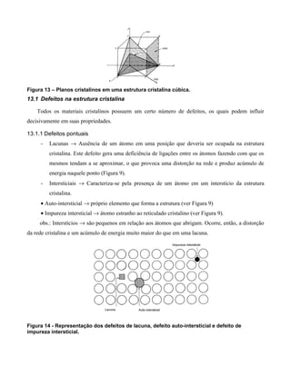 Figura 13 – Planos cristalinos em uma estrutura cristalina cúbica.
13.1 Defeitos na estrutura cristalina

    Todos os materiais cristalinos possuem um certo número de defeitos, os quais podem influir
decisivamente em suas propriedades.

13.1.1 Defeitos pontuais
     -   Lacunas → Ausência de um átomo em uma posição que deveria ser ocupada na estrutura
         cristalina. Este defeito gera uma deficiência de ligações entre os átomos fazendo com que os
         mesmos tendam a se aproximar, o que provoca uma distorção na rede e produz acúmulo de
         energia naquele ponto (Figura 9).
     -   Intersticiais → Caracteriza-se pela presença de um átomo em um interstício da estrutura
         cristalina.
     • Auto-intersticial → próprio elemento que forma a estrutura (ver Figura 9)
     • Impureza intersticial → átomo estranho ao reticulado cristalino (ver Figura 9).
     obs.: Interstícios → são pequenos em relação aos átomos que abrigam. Ocorre, então, a distorção
da rede cristalina e um acúmulo de energia muito maior do que em uma lacuna.




Figura 14 - Representação dos defeitos de lacuna, defeito auto-intersticial e defeito de
impureza intersticial.
 