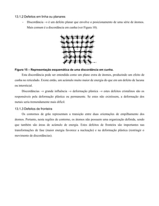 13.1.2 Defeitos em linha ou planares
      -   Discordância → é um defeito planar que envolve o posicionamento de uma série de átomos.
          Mais comum é a discordância em cunha (ver Figura 10).




Figura 15 – Representação esquemática de uma discordância em cunha.
      Esta discordância pode ser entendida como um plano extra de átomos, produzindo um efeito de
cunha no reticulado. Existe então, um acúmulo muito maior de energia do que em um defeito de lacuna
ou intersticial.
      Discordâncias → grande influência → deformação plástica → estes defeitos cristalinos são os
responsáveis pela deformação plástica ou permanente. Se estes não existissem, a deformação dos
metais seria tremendamente mais difícil.

13.1.3 Defeitos de fronteira
      Os contornos de grão representam a transição entre duas orientações de empilhamento dos
átomos. Portanto, nesta regiões de contorno, os átomos não possuem uma organização definida, sendo
que também são áreas de acúmulo de energia. Estes defeitos de fronteira são importantes nas
transformações de fase (maior energia favorece a nucleação) e na deformação plástica (restringir o
movimento de discordâncias).
 