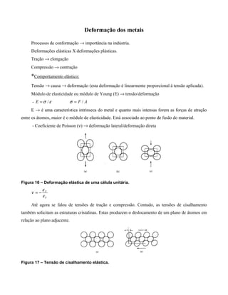 Deformação dos metais

     Processos de conformação → importância na indústria.
     Deformações elásticas X deformações plásticas.
     Tração → elongação
     Compressão → contração

     *Comportamento elástico:
     Tensão → causa → deformação (esta deformação é linearmente proporcional à tensão aplicada).
     Módulo de elasticidade ou módulo de Young (E) → tensão/deformação
      - E =σ /ε               σ =F/A
     E → é uma característica intrínseca do metal e quanto mais intensas forem as forças de atração
entre os átomos, maior é o módulo de elasticidade. Está associado ao ponto de fusão do material.
      - Coeficiente de Poisson (ν) → deformação lateral/deformação direta




Figura 16 – Deformação elástica de uma célula unitária.
            εX
     ν =−
            εY
     Até agora se falou de tensões de tração e compressão. Contudo, as tensões de cisalhamento
também solicitam as estruturas cristalinas. Estas produzem o deslocamento de um plano de átomos em
relação ao plano adjacente.




Figura 17 – Tensão de cisalhamento elástica.
 