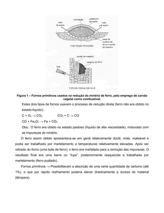 Figura 1 – Fornos primitivos usados na redução do minério de ferro, pelo emprego de carvão
                                  vegetal como combustível.
    Estes dois tipos de fornos usavam o processo de redução direta (ferro não era obtido no
    estado líquido):
    C + O2 → CO2             CO2 + C → CO
    CO + FeXOY → Fe + CO2
    Obs.: O ferro era obtido no estado pastoso (líquido de alta viscosidade), misturado com
    as impurezas do minério.
   O ferro assim obtido apresentava-se em geral relativamente dúctil, mole, maleável e
podia ser trabalhado por martelamento a temperaturas relativamente elevadas. Após ser
retirado do forno (uma bola de ferro), o ferro era martelado para a remoção das impurezas. O
resultado final era uma barra ou “lupa”, posteriormente reaquecida e trabalhada por
martelamento (ferro pudlado).
   Fornos primitivos → Possibilitavam a absorção de uma certa quantidade de carbono (até
1%), o que por rápido resfriamento poderia elevar drasticamente a dureza do material
(têmpera).
 