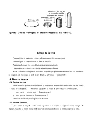 Figura 19 – Ciclos de deformação a frio e recozimento (cápsula para cartuchos).




                                         Ensaio de dureza

     Para mecânica → resistência à penetração de um material duro em outro.
     Para usinagem → é a resistência ao corte de um metal.
     Para mineralogistas → é a resistência ao risco de um material.
     Para metalurgia → dureza → resistência à deformação plástica.
     Assim → material com grande resistência à deformação permanente também terá alta resistência
ao desgaste, alta resistência ao corte e será difícil de ser riscado → será duro!!!!

14 Tipos de dureza
14.1 Dureza ao risco
     Vários materiais podem ser organizados de acordo com a capacidade de riscarem uns aos outros
→ escala de Mohs (1822) → 10 minerais agrupados da ordem da capacidade de serem riscados.
      -   mais macio → mineral talco → dureza ao risco 1
      -   mais duro → diamante → dureza ao risco 10
     Esta escala não é conveniente para os metais!!!!!

14.2 Dureza dinâmica
     Uma esfera é lançada contra uma superfície e a dureza é expressa como energia de
impacto.Medidor de dureza Shore mede a dureza dinâmica em função da altura do rebote da bilha.
 