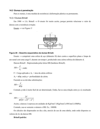 14.3 Dureza à penetração
      Para os metais, é uma medida da resistência à deformação plástica ou permanente.

14.3.1 Dureza Brinell
      Em 1900 → J.A. Brinell → O ensaio foi muito aceito, porque permite relacionar o valor de
dureza com a resistência à tração.
      Ensaio → ver Figura 1!




Figura 20 – Desenho esquemático da dureza Brinell.
      Ensaio → comprimir uma esfera de aço (diâmetro D) duro contra a superfície plana e limpa de
um metal com uma carga F, durante um tempo t, produzindo uma calota esférica de diâmetro d.
      Dureza Brinell – Representada pelas letras HB (hardness Brinell).
             F
      HB =      ; onde:
             AC
      F = Carga aplicada e AC = área da calota esférica
      AC = πDp; onde p = profundidade da calota.
      Fazendo-se as devidas substituições:
              F
      HB =
             πDp
      Contudo, p não é muito fácil de ser determinado. Então, faz-se uma relação entre p e d, resultando
em:
                    2F
      HB =
               (
             πD D − D 2 − d 2   )
      Assim, a dureza é expressa em unidades de Kgf/mm2 (1Kgf/mm2≅10N/mm2≅10MPa).
      Contudo, usa-se somente o número e HB. Ex.: 100HB.
      Os cálculos são dispensados no dia a dia, através do uso de uma tabela, onde estão dispostos os
valores de d e da dureza HB.
      Brinell padrão:
 