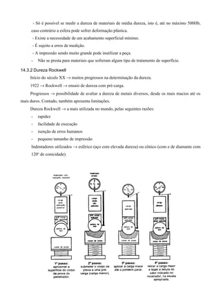 - Só é possível se medir a dureza de materiais de média dureza, isto é, até no máximo 500Hb,
     caso contrário a esfera pode sofrer deformação plástica.
      - Existe a necessidade de um acabamento superficial mínimo.
      - É sujeito a erros de medição.
      - A impressão sendo muito grande pode inutilizar a peça.
     -   Não se presta para materiais que sofreram algum tipo de tratamento de superfície.

14.3.2 Dureza Rockwell
     Início do século XX → muitos progressos na determinação da dureza.
     1922 → Rockwell → ensaio de dureza com pré-carga.
     Progressos → possibilidade de avaliar a dureza de metais diversos, desde os mais macios até os
mais duros. Contudo, também apresenta limitações.
     Dureza Rockwell → a mais utilizada no mundo, pelas seguintes razões:
     -   rapidez
     -   facilidade de execução
     -   isenção de erros humanos
     -   pequeno tamanho de impressão
     Indentadores utilizados → esférico (aço com elevada dureza) ou cônico (com e de diamante com
     120o de conicidade).
 
