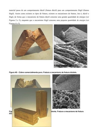 material passa de um comportamento dúctil (fratura dúctil) para um comportamento frágil (fratura
frágil). Assim como existem os tipos de fratura, existem os mecanismos de fratura, isto é, dúctil e
frágil, de forma que o mecanismo de fratura dúctil consome uma grande quantidade de energia (ver
Figuras 2 e 3), enquanto que o mecanismo frágil consome uma pequena quantidade de energia (ver
Figuras 4 e 5).




Figura 48 – Cobre comercialmente puro. Fratura e mecanismo de fratura dúcteis.




Figura 49 – Aço baixo carbono na temperatura ambiente. Fratura e mecanismo de fratura
dúcteis.
 