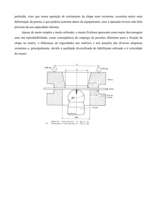 preferida, visto que numa operação de estiramento da chapa mais resistente, ocorreria muito mais
deformação da prensa, o que poderia acarretar danos do equipamento, caso a operação tivesse sido feita
próximo da sua capacidade máxima.
     Apesar de muito simples e muito utilizado, o ensaio Erichsen apresenta como maior desvantagem
uma má reprodutibilidade, como conseqüência do emprego de pressões diferentes para a fixação da
chapa na matriz, a diferenças de rugosidades nas matrizes e nos punções das diversas máquinas
existentes e, principalmente, devido à qualidade diversificada do lubrificante utilizado e à velocidade
do ensaio.
 