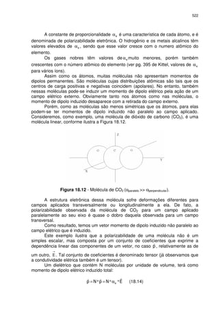 522
A constante de proporcionalidade α é uma característica de cada átomo, e é
denominada de polarizabilidade eletrônica. O hidrogênio e os metais alcalinos têm
valores elevados de α , sendo que esse valor cresce com o numero atômico do
elemento.
Os gases nobres têm valores deα muito menores, porém também
crescentes com o número atômico do elemento (ver pg. 395 de Kittel, valores de α
para vários íons).
Assim como os átomos, muitas moléculas não apresentam momentos de
dipolos permanentes. São moléculas cujas distribuições atômicas são tais que os
centros de carga positivas e negativas coincidem (apolares). No entanto, também
nessas moléculas pode-se induzir um momento de dipolo elétrico pela ação de um
campo elétrico externo. Obviamente tanto nos átomos como nas moléculas, o
momento de dipolo induzido desaparece com a retirada do campo externo.
Porém, como as moléculas são menos simétricas que os átomos, para elas
podem-se ter momentos de dipolo induzido não paralelo ao campo aplicado.
Consideremos, como exemplo, uma molécula de dióxido de carbono (CO2), é uma
molécula linear, conforme ilustra a Figura 18.12.
Figura 18.12 - Molécula de CO2 (αparalelo >> αperpendicular).
A estrutura eletrônica dessa molécula sofre deformações diferentes para
campos aplicados transversalmente ou longitudinalmente a ela. De fato, a
polarizabilidade observada da molécula de CO2 para um campo aplicado
paralelamente ao seu eixo é quase o dobro daquela observada para um campo
transversal.
Como resultado, temos um vetor momento de dipolo induzido não paralelo ao
campo elétrico que é induzido.
Este exemplo ilustra que a polarizabilidade de uma molécula não é um
simples escalar, mas composta por um conjunto de coeficientes que exprime a
dependência linear das componentes de um vetor, no caso , relativamente as de
um outro,
→
Ε . Tal conjunto de coeficientes é denominado tensor (já observamos que
a condutividade elétrica também é um tensor).
Um dielétrico que contém N moléculas por unidade de volume, terá como
momento de dipolo elétrico induzido total:
*** α== (18.14)
 