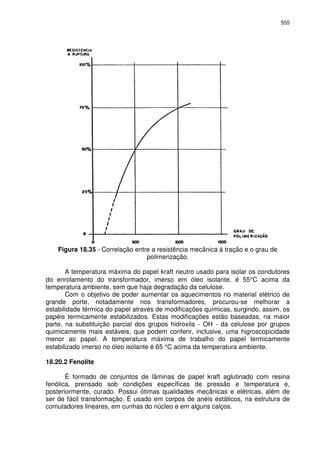 555
Figura 18.35 - Correlação entre a resistência mecânica à tração e o grau de
polimerização.
A temperatura máxima do papel kraft neutro usado para isolar os condutores
do enrolamento do transformador, imerso em óleo isolante, é 55°C acima da
temperatura ambiente, sem que haja degradação da celulose.
Com o objetivo de poder aumentar os aquecimentos no material elétrico de
grande porte, notadamente nos transformadores, procurou-se melhorar a
estabilidade térmica do papel através de modificações químicas, surgindo, assim, os
papéis termicamente estabilizados. Estas modificações estão baseadas, na maior
parte, na substituição parcial dos grupos hidroxila - OH - da celulose por grupos
quimicamente mais estáveis, que podem conferir, inclusive, uma higroscopicidade
menor ao papel. A temperatura máxima de trabalho do papel termicamente
estabilizado imerso no óleo isolante é 65 °C acima da temperatura ambiente.
18.20.2 Fenolite
É formado de conjuntos de lâminas de papel kraft aglutinado com resina
fenólica, prensado sob condições específicas de pressão e temperatura e,
posteriormente, curado. Possui ótimas qualidades mecânicas e elétricas, além de
ser de fácil transformação. É usado em corpos de anéis estáticos, na estrutura de
comutadores lineares, em cunhas do núcleo e em alguns calços.
 