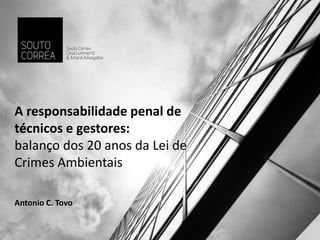 A responsabilidade penal de
técnicos e gestores:
balanço dos 20 anos da Lei de
Crimes Ambientais
Antonio C. Tovo
 