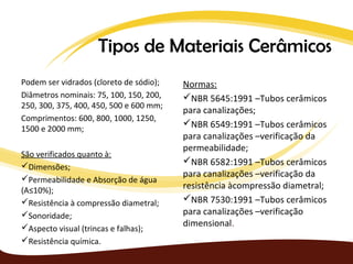 Tipos de Materiais Cerâmicos
Podem ser vidrados (cloreto de sódio);   Normas:
Diâmetros nominais: 75, 100, 150, 200,   NBR 5645:1991 –Tubos cerâmicos
250, 300, 375, 400, 450, 500 e 600 mm;
                                         para canalizações;
Comprimentos: 600, 800, 1000, 1250,
                                         NBR 6549:1991 –Tubos cerâmicos
1500 e 2000 mm;
                                         para canalizações –verificação da
                                         permeabilidade;
São verificados quanto à:
Dimensões;
                                         NBR 6582:1991 –Tubos cerâmicos
Permeabilidade e Absorção de água
                                         para canalizações –verificação da
(A≤10%);
                                         resistência àcompressão diametral;
Resistência à compressão diametral;     NBR 7530:1991 –Tubos cerâmicos
Sonoridade;                             para canalizações –verificação
Aspecto visual (trincas e falhas);      dimensional.
Resistência química.
 