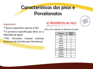 Características dos pisos e
                     Porcelanatos
Importante:
Nunca especificar apenas o PEI!
A primeira especificação deve ser a
Absorção de água!
PEI: Porcelain Enamel Institute
(Instituto de Esmalte para Porcelana)
 