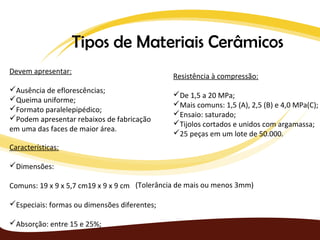 Tipos de Materiais Cerâmicos
Devem apresentar:
                                              Resistência à compressão:
Ausência de eflorescências;
                                              De 1,5 a 20 MPa;
Queima uniforme;
                                              Mais comuns: 1,5 (A), 2,5 (B) e 4,0 MPa(C);
Formato paralelepipédico;
                                              Ensaio: saturado;
Podem apresentar rebaixos de fabricação
                                              Tijolos cortados e unidos com argamassa;
em uma das faces de maior área.
                                              25 peças em um lote de 50.000.
Características:

Dimensões:

Comuns: 19 x 9 x 5,7 cm19 x 9 x 9 cm (Tolerância de mais ou menos 3mm)

Especiais: formas ou dimensões diferentes;

Absorção: entre 15 e 25%;
 