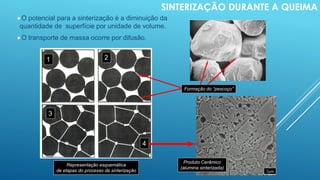 SINTERIZAÇÃO DURANTE A QUEIMA
O potencial para a sinterização é a diminuição da
quantidade de superfície por unidade de volume.
O transporte de massa ocorre por difusão.
1
Formação do “pescoço”
2
3
Representação esquemática
de etapas do processo de sinterização
Produto Cerâmico
(alumina sinterizada)
4
2mm
 