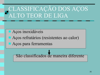 CLASSIFICAÇÃO DOS AÇOS ALTO TEOR DE LIGA Aços inoxidáveis Aços refratários (resistentes ao calor) Aços para ferramentas  São classificados de maneira diferente 